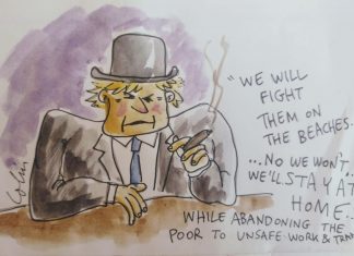 A cartoon of Boris Johnson with a hard hat and a cigar.