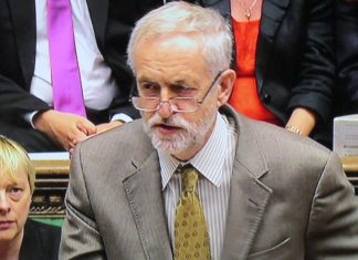 Jeremy Corbyn in the Houses of Parliament, asking a question at Prime Minister's Questions.