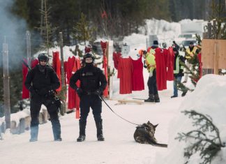 RCMP officers patrol the Unist'ot'en camp with dogs after a raid. In the background, red dresses hang, symbolising Indigenous women missing and murdered under colonial occupation.