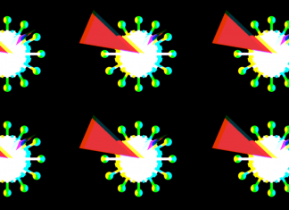 A red wedge piercing a coronavirus cell