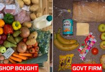 An image comparing £30 worth of food with a meagre basket of food provided by a Tory-linked private firm to children entitled to free school meals.