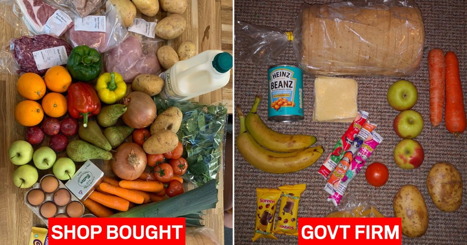 An image comparing £30 worth of food with a meagre basket of food provided by a Tory-linked private firm to children entitled to free school meals.