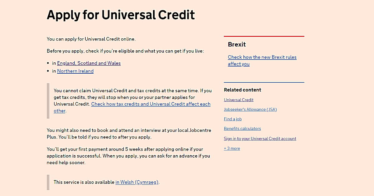 Picture: A screenshot of the Universal Credit application page on the gov.uk website. (Keywords: UC applications poverty welfare benefits)