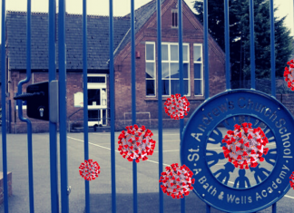 Image of a school with coronavirus images superimposed