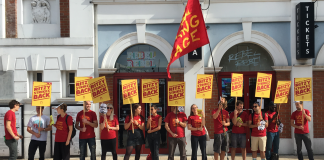 Image shows a row of workers in Ritzy Strikes Back shirts holding bright yellow and red flags and banners on the picket line.