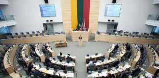 Image shows an internal chamber of the Seimas, the seat of Lithuania's parliament in Vilnius, Lithuania.
