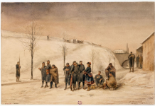 A painting of Parisian National Guard gathered in the open air during the winter of 1870