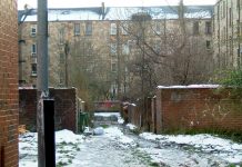 An image showing a snowy street in Govanhill, Glasgow.