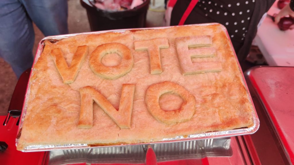 Pie with "Vote No" decorations