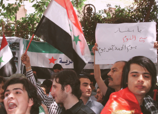 Protestor holds a Palestinian flag at a demonstration in Syria in 2011.