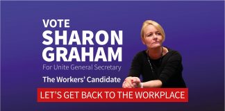 Image of Sharon Graham with text "let's get back to the workplace"