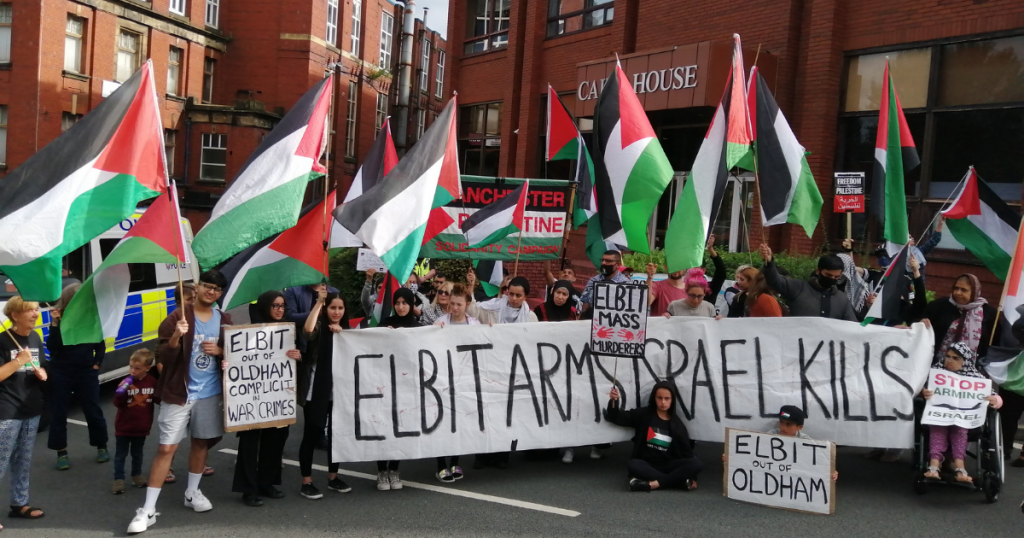 Manchester protest in solidarity with Elbit protesters and against the use of British-made weapons in the occupation of Palestine