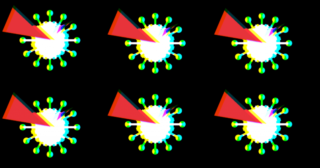 Image shows stylised symbol of coronavirus cells being pierced by red triangles