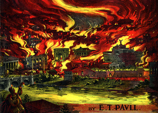 over of E.T. Paull's The Burning of Rome sheet music, image shows a stylised burning city of Rome with a silhoutte figure in the corner playing a lyre.