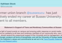 Tweet by Kathleen Stock @Docstockk reads 'My former union branch @sussexucu has just effectively ended my career at Sussex University. This just sent to all members. 'Statement in support of Trans and Nonbinary communities at Sussex'. Screengrab of tweet overlaid with trans pride flag colours.