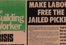 Image shows april 1974 issue of rank and file paper 'the Building Worker'. Headline reads 'CRISIS THREATENS NEW LAYOFFS', second headline reads 'MAKE LABOUR FREE THE JAILED PICKETS. Tell Wilson Do not let our brothers rot in prison.'