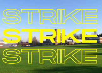 Photo shows a view of Croydon High School, one of the schools in the Girls Day School Trust (GDST) where NEU members have balloted in favour of strike action over pensions. Large bold text overlaid which says 'STRIKE STRIKE STRIKE'