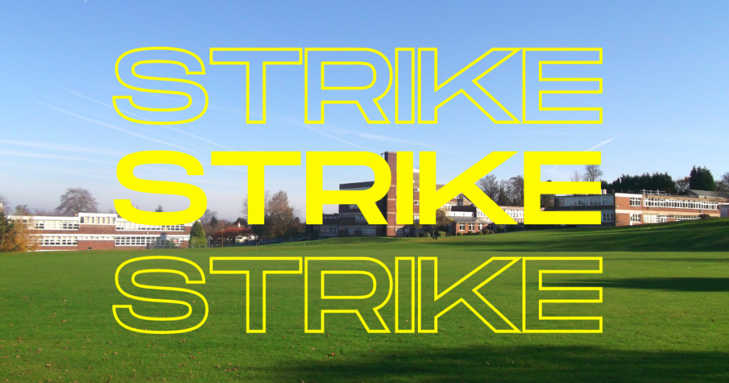 照片显示克罗伊登高中的视图，这是女子日学校信托 (GDST) 中的一所学校，NEU 成员投票赞成就养老金采取罢工行动。 覆盖有大号粗体文字，上面写着“STRIKE STRIKE STRIKE”