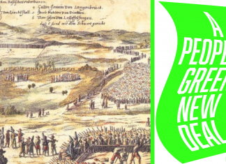 Painting of the swiss peasant wars. Right, the cover art for 'A People's Green New Deal' by Max Ajl.
