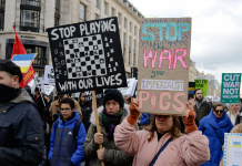 Crowd with placards. One has chess board and 'stop playing with our lives'. Another reads 'Stop the war your imperialist pigs'