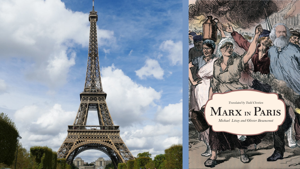 Image de la tour Eiffel à côté de la couverture du livre Marx à Paris