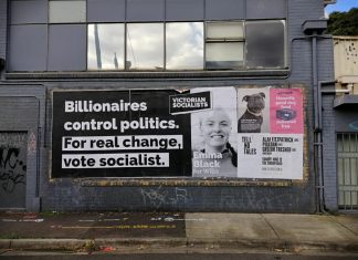 Victorin Socialists poster - Billionaires control politics. For real change vote socialist.