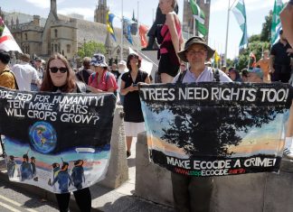 Image shows two people in front of Parliament holding signs that read "Code Red for Humanity: Ten More Years - Will Crops Grow?' and 'Trees Need Rights Too! Make ecocide a crime!'