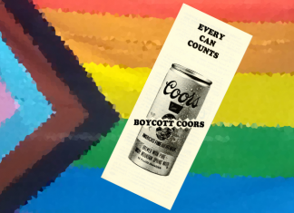 Boycott Coors leaflet shown against Pride Progress flag