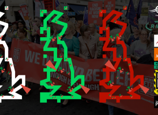 Outlines of Britain with a photo of a TUC rally in the background and triangles dotted around locations of major strikes and protests on October 1 2022. Logos on the side: CWU, ASLEF, RMT, Unite, Just Stop Oil, Enough is Enough, Don't Pay energy bills, and People's Assembly Against Austerity