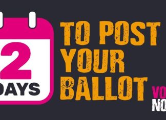 Image shows NEU graphic saying '2 days to post your ballot' in pink and yellow.