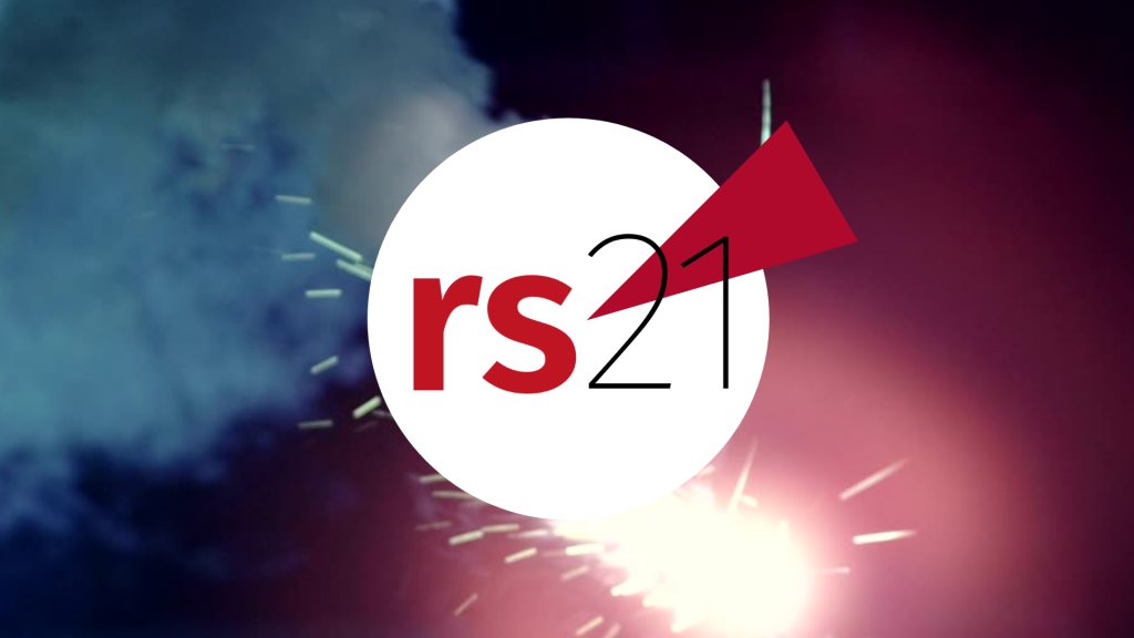 rs21 red wedge logo with background of lit flare