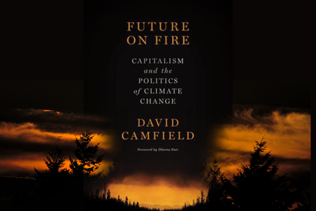 la copertina del libro di David Camfield 'Future on Fire', con una foresta scarsamente illuminata al tramonto sullo sfondo.