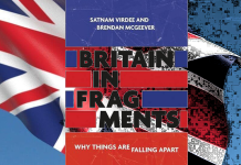 Image shows the cover of the book Britain in Fragments, set against the backdrop of a union flag.