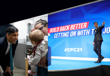 Rishi Sunak grinning at a baby, and on right, Sunak at a conservative party conference stage.